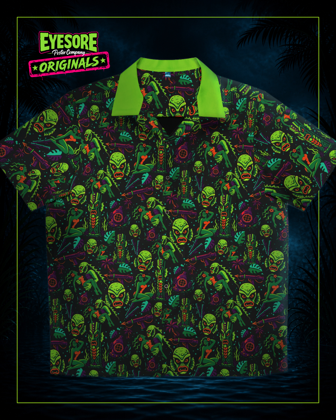 Front view of the Gill-Man From the Deep Hawaiian shirt