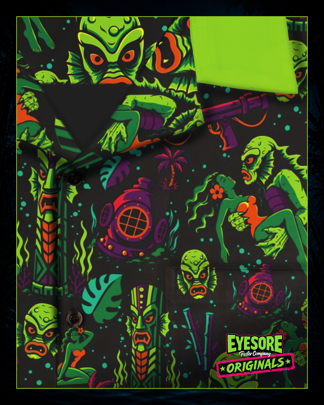 Close-up of the Gill-Man shirt fabric, collar, and buttons